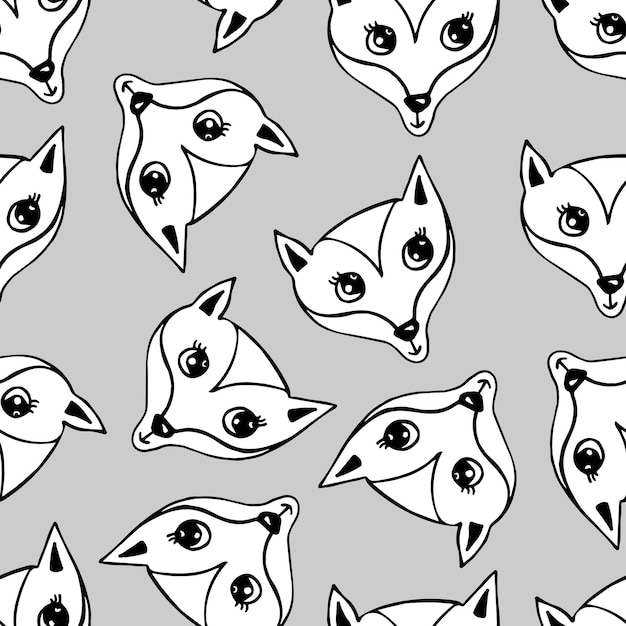 Hand drawn seamless pattern with doodle fox on grey background