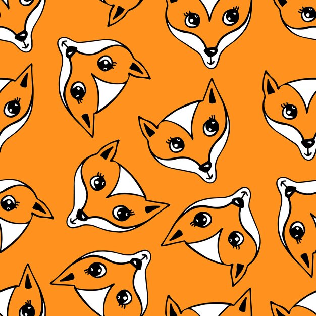 Vector hand drawn seamless pattern with doodle orange red fox