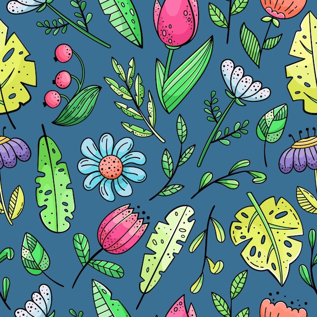 Vector hand drawn seamless pattern with doodles. flowers and plants.