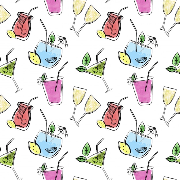 Hand drawn seamless pattern with drinks and lemons