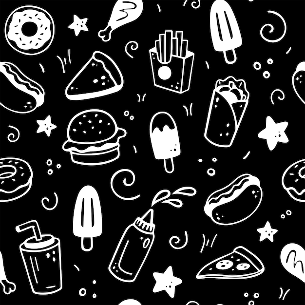 Hand drawn seamless pattern with fast food elements burger pizza hot dog ice cream donut snack on black background Comic doodle sketch style Vector illustration