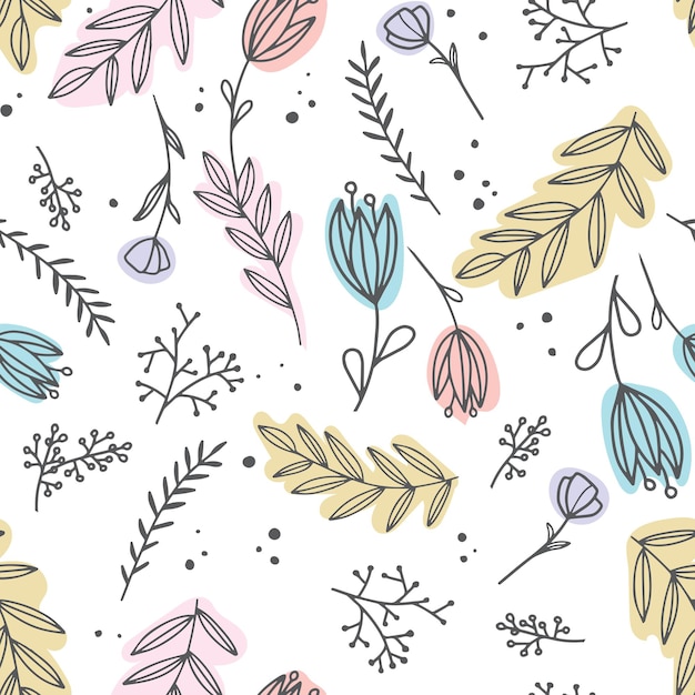 Hand drawn seamless pattern with flowers and branches with leaves, flowers, berries. Floral sketch collection. Decorative elements for design. Ink, vintage, rustic.