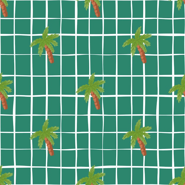 Hand drawn seamless pattern with green palm tree elements shapes. turquoise background with check. designed for fabric design, textile print, wrapping, cover. vector illustration.