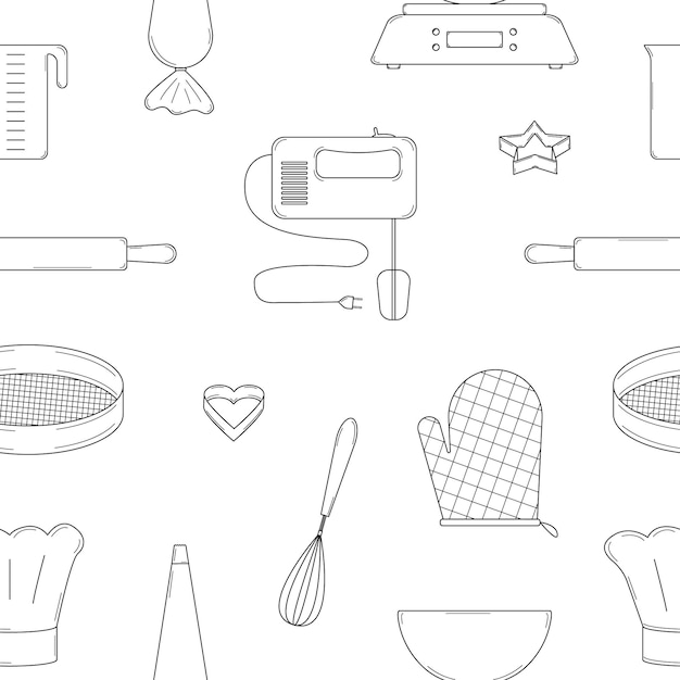 Hand drawn seamless pattern with kitchen baking tools Doodle style Vector