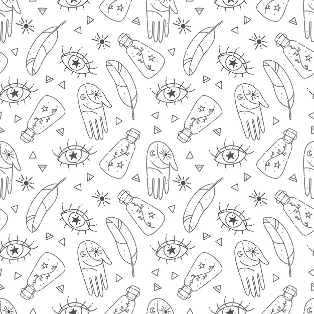 Hand drawn seamless pattern with magical and esoteric elements