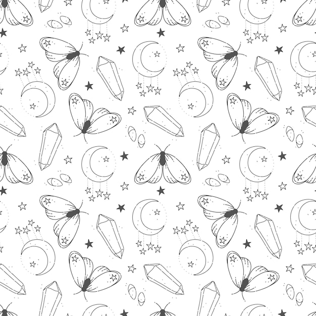 hand drawn seamless pattern with magical and esoteric elements