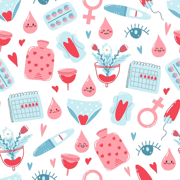 Vector hand drawn seamless pattern with menstrual period items as underwear pads tampons blood drops