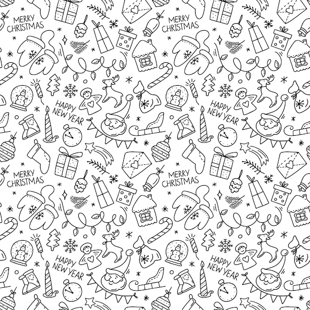 Hand drawn seamless pattern with Merry Christmas  bell ball candy angel snowman in doodle style