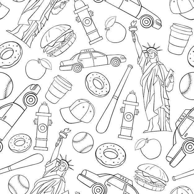 Hand drawn seamless pattern with new york doodles black and white symbol suitable for coloring