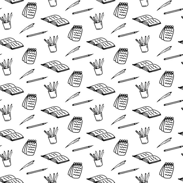 Hand drawn seamless pattern with notepad notebook pen pencil glass of pencils book on white background doodle educational design adult and kids coloring page back to school school supplies