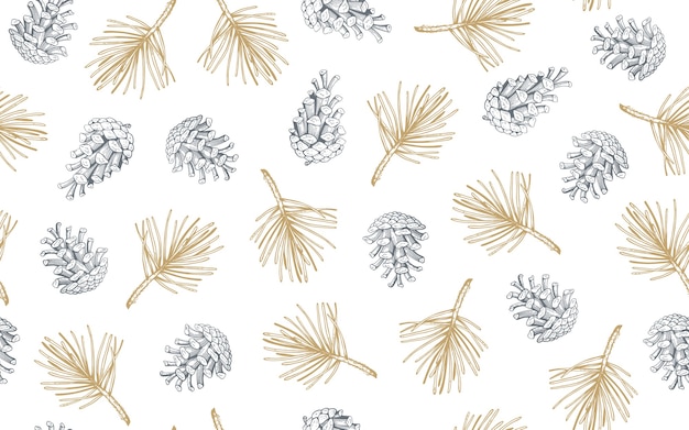 Hand drawn seamless pattern with pine cones and branches. 