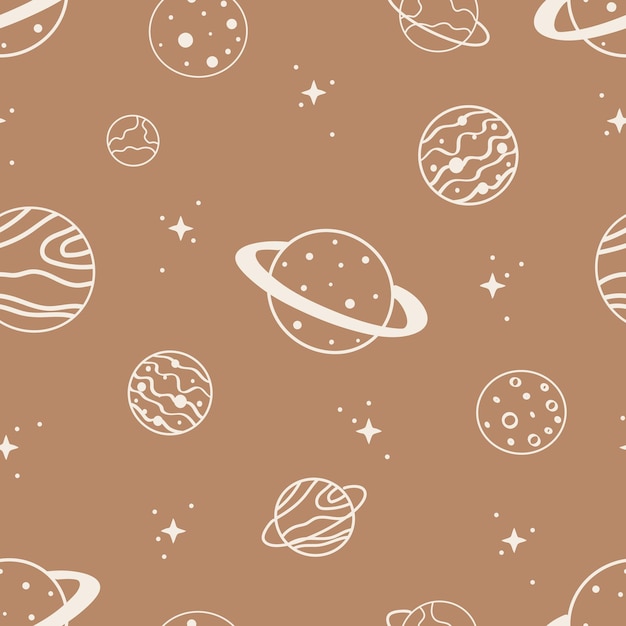 Hand drawn seamless pattern with Planets. Hand drawn space background. Vector illustration. Galaxy p