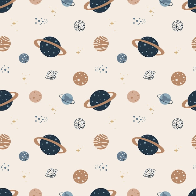 Hand drawn seamless pattern with Planets. Hand drawn space background. Vector illustration. Galaxy p