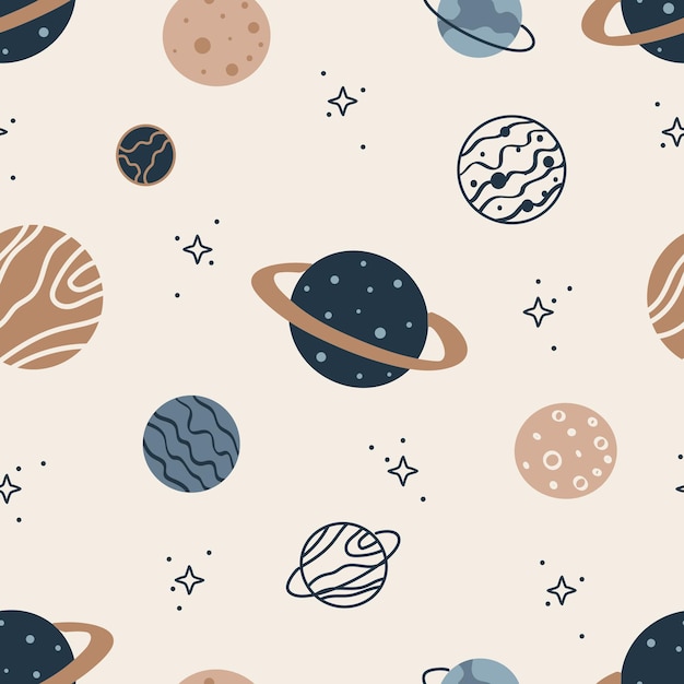 Hand drawn seamless pattern with Planets. Hand drawn space background. Vector illustration. Galaxy p