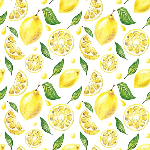 Hand drawn seamless pattern with ripe yellow lemons and leaves on the white background