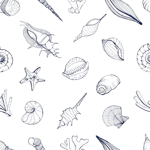 Hand drawn seamless pattern with seashells. monochrome background.