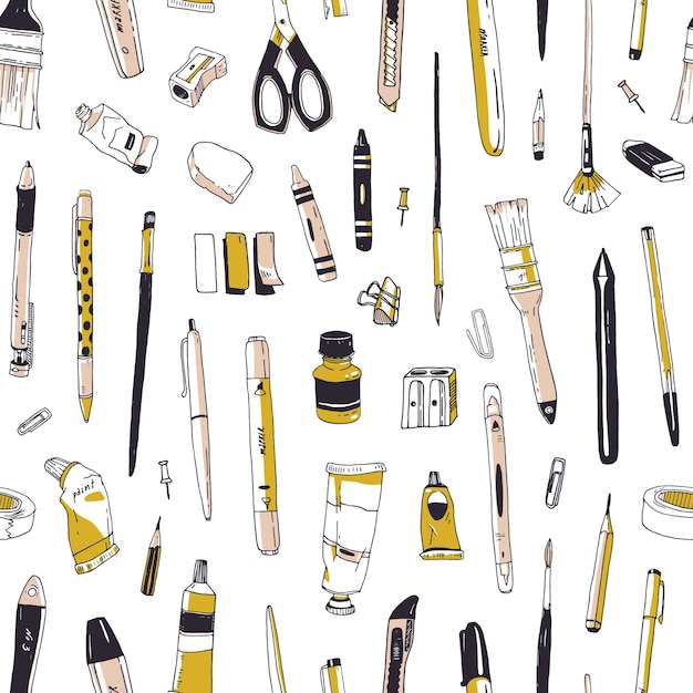 Vector hand drawn seamless pattern with stationery, drawing utensils, creativity tools or office supplies on white background. realistic vector illustration in vintage style for wrapping paper, wallpaper.