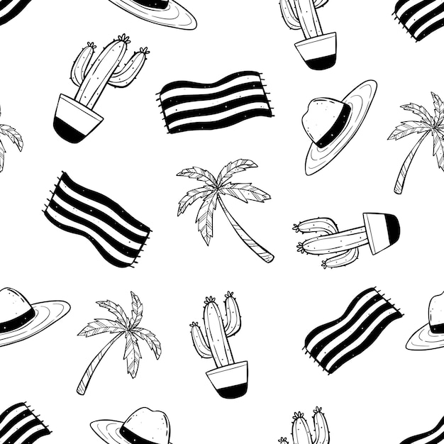 Hand Drawn Seamless Pattern with Summer Icons in Vector featuring Cactus Straw Hat and Coconut Tree