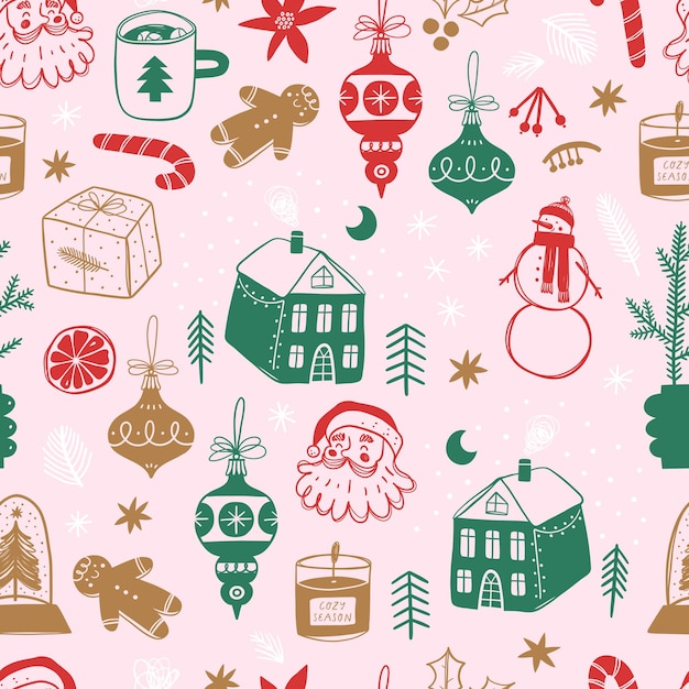 伝統的なクリスマスの要素を持つ手描きのシームレスパターン ヴィンテージスタイル