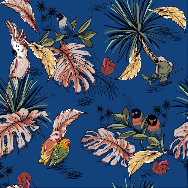 Hand drawn seamless pattern with tropical wild forest 