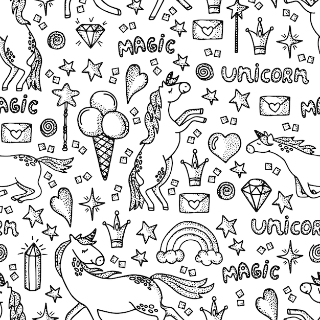 Hand-drawn seamless pattern with unicorns.