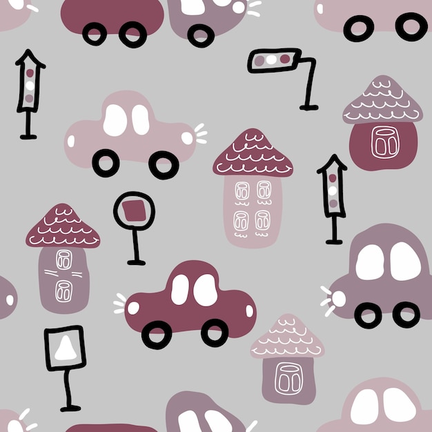 Hand drawn seamless pattern with urban cars and houses for Tshirt textile and print decor design