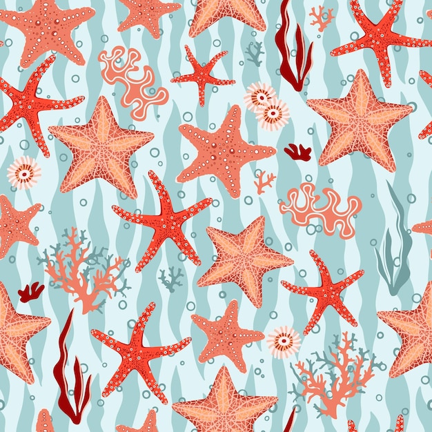 Hand drawn seamless pattern with various starfishes bright colors