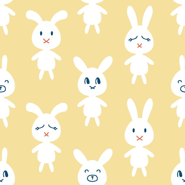 Hand drawn seamless pattern with white bunnies Perfect retro print for tee textile and fabric Simple vector illustration for decor and design