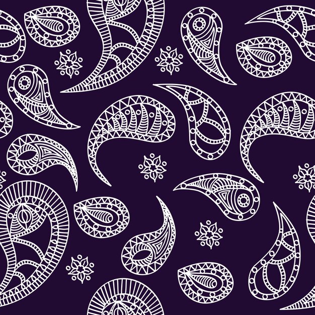 Hand drawn seamless pattern with white doodle elements on violet background