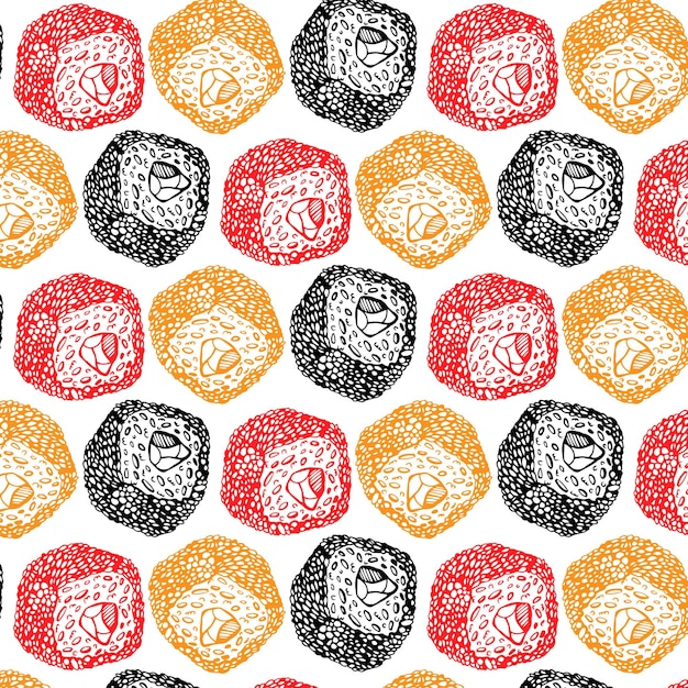 Hand drawn seamless pattern with yellow, black and red sushi drawings