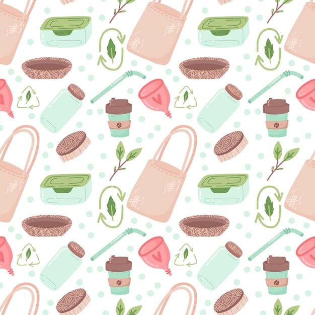 Hand drawn seamless pattern with zero waste elements. eco style. no plastic. go green