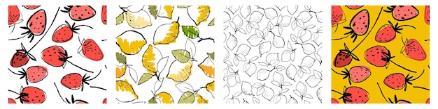 Vector hand drawn seamless patterns set with berries and lemons