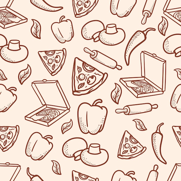 Hand drawn seamless pizza pattern and ingredients in vintage style