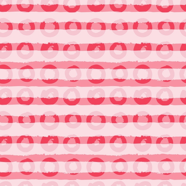 Hand drawn seamless repeat pattern with round shapes in pastel pink and red stripes texture