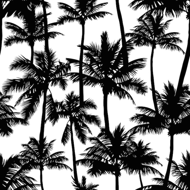 Hand drawn seamless vector pattern with black palm trees isolated on white background