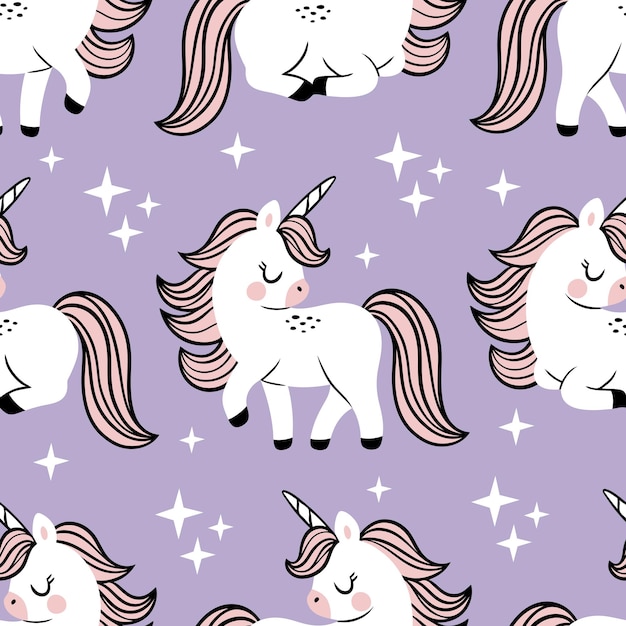 Hand drawn seamless vector pattern with cute baby unicorns and stars