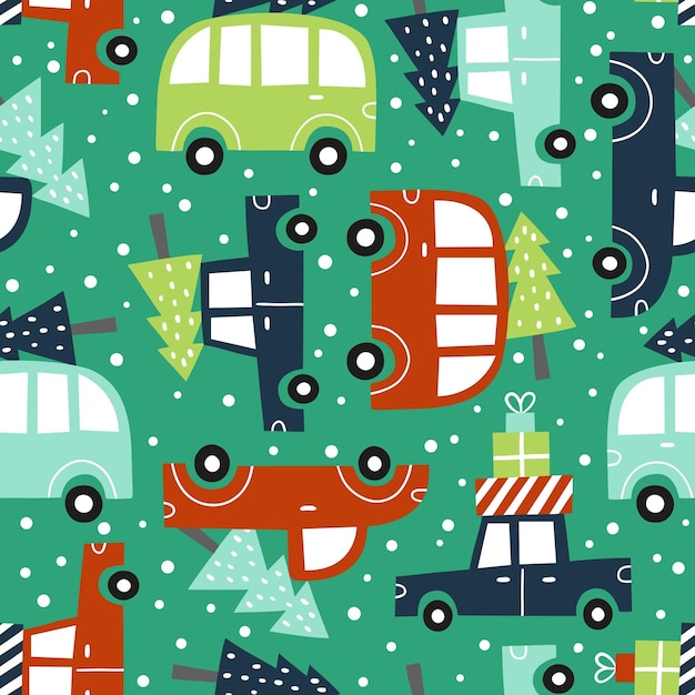 귀여운 자동차와 크리스마스 나무와 손으로 그린 원활한 벡터 패턴