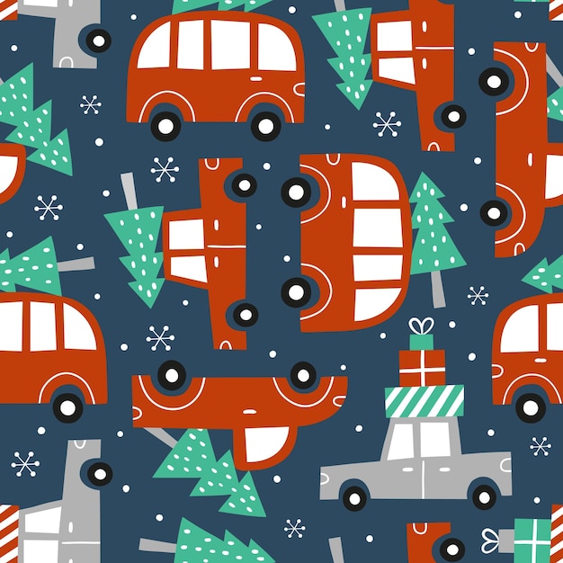 手描きのかわいい車とクリスマス ツリーのシームレスなベクトル パターン