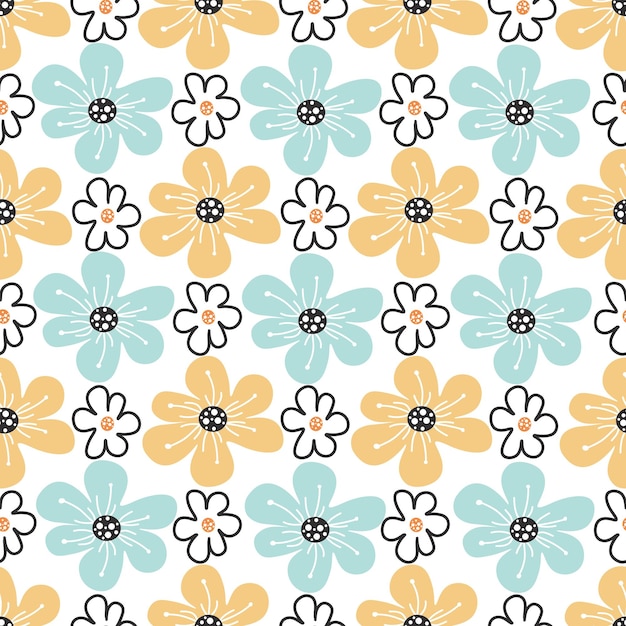 Hand Drawn Seamless Vector Pattern with Cute flower. Cute drawing doodle style.