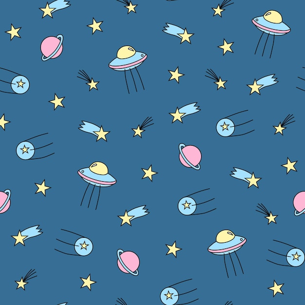 Vector hand drawn seamless vector pattern with cute  stars and planet