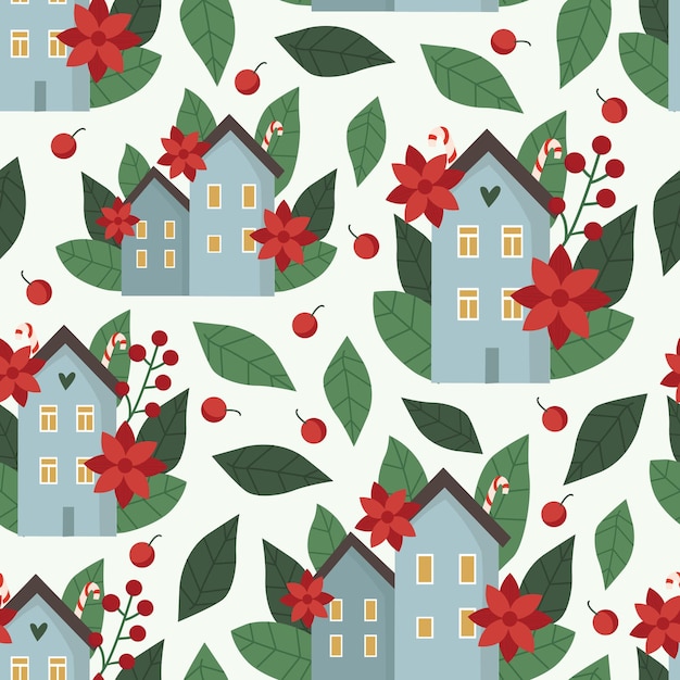 ベクトル 花ポインセチアとかわいい家で描かれたシームレスなベクトル パターンを手します。冬の背景。