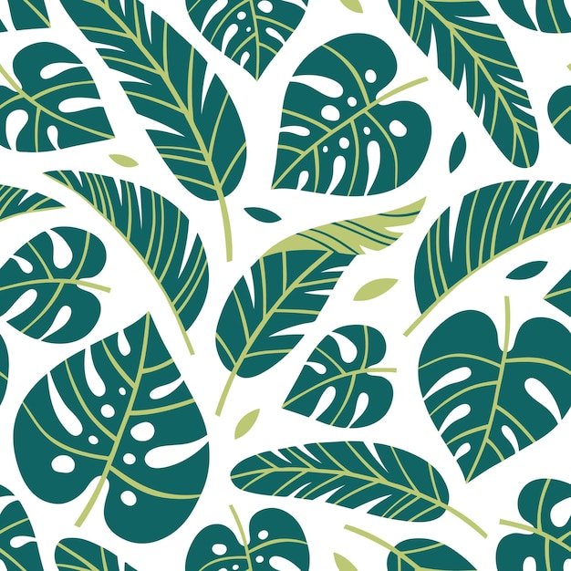 Vector hand drawn seamless vector pattern with tropical palm leaves on white background.