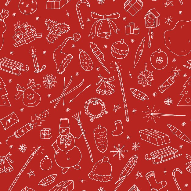 Vector hand drawn seamless winter pattern happy new year red background doodle design