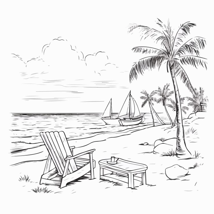 Vector hand drawn seaside landscape tropical resort illustration