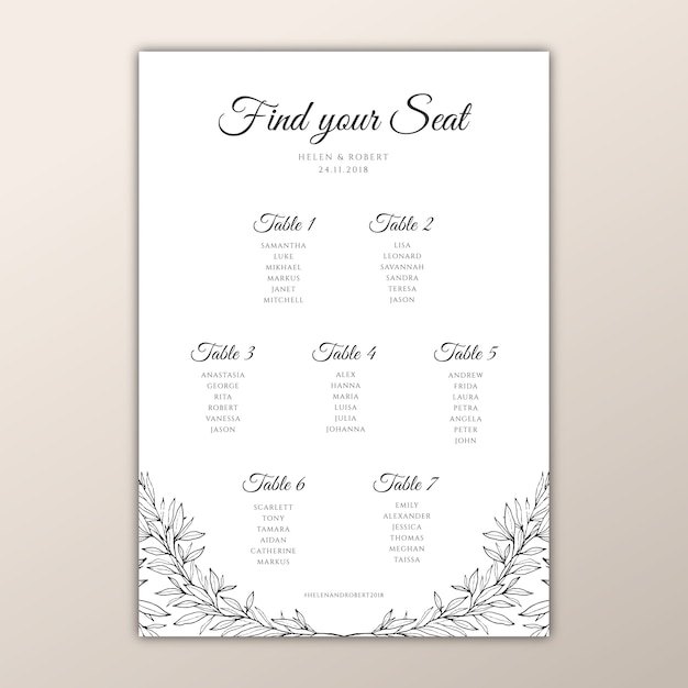 Hand drawn seating chart design for a wedding party