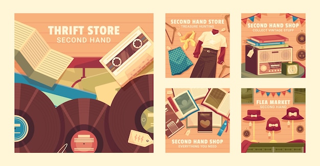 Vector hand drawn second hand shop instagram posts