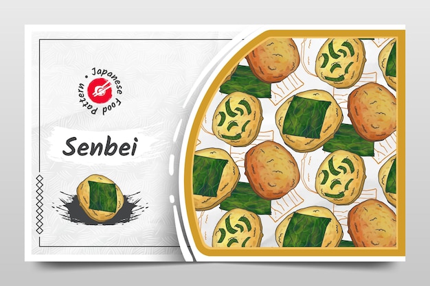 일본 음식 패턴으로 손으로 그린 Senbei