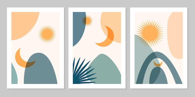 Hand drawn set abstract boho poster with tropical leaf, sun, moon and shape isolated on beige background. vector flat illustration. design for pattern, logo, posters, invitation, greeting card