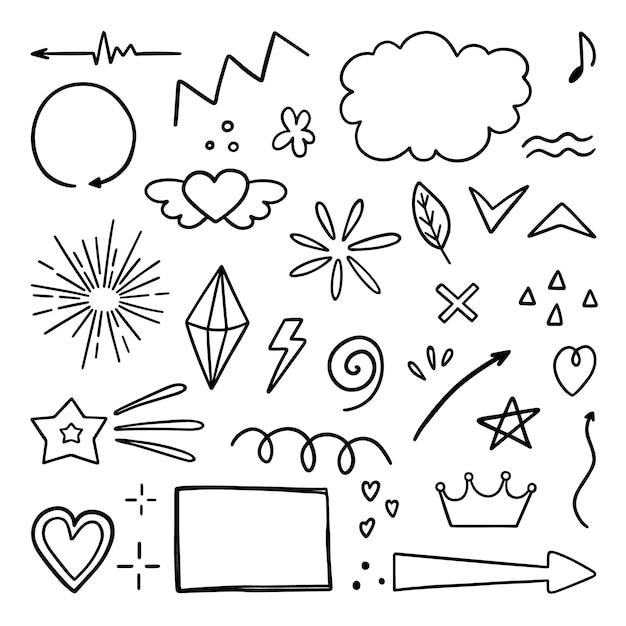 Hand drawn set of Abstract doodle elements Arrows heart star crown signs and symbols in sketch style