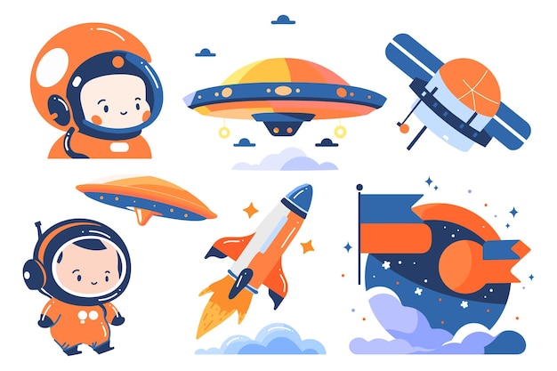 Hand Drawn Set of astronauts and space objects in flat style isolated on background